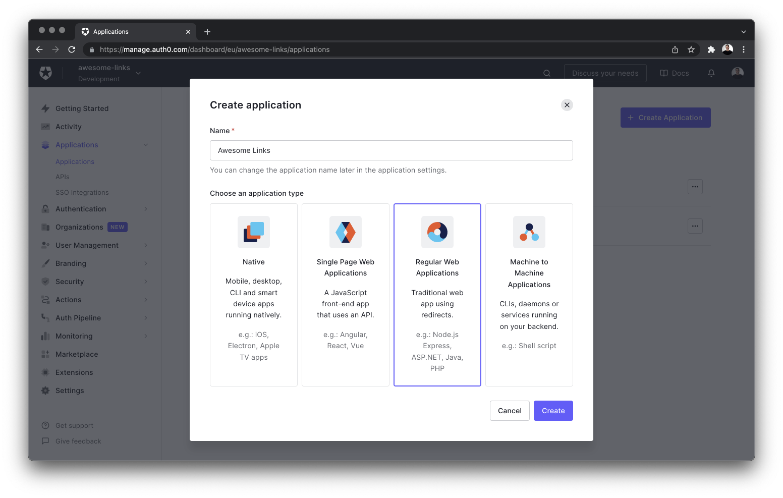 Creating a new Auth0 application