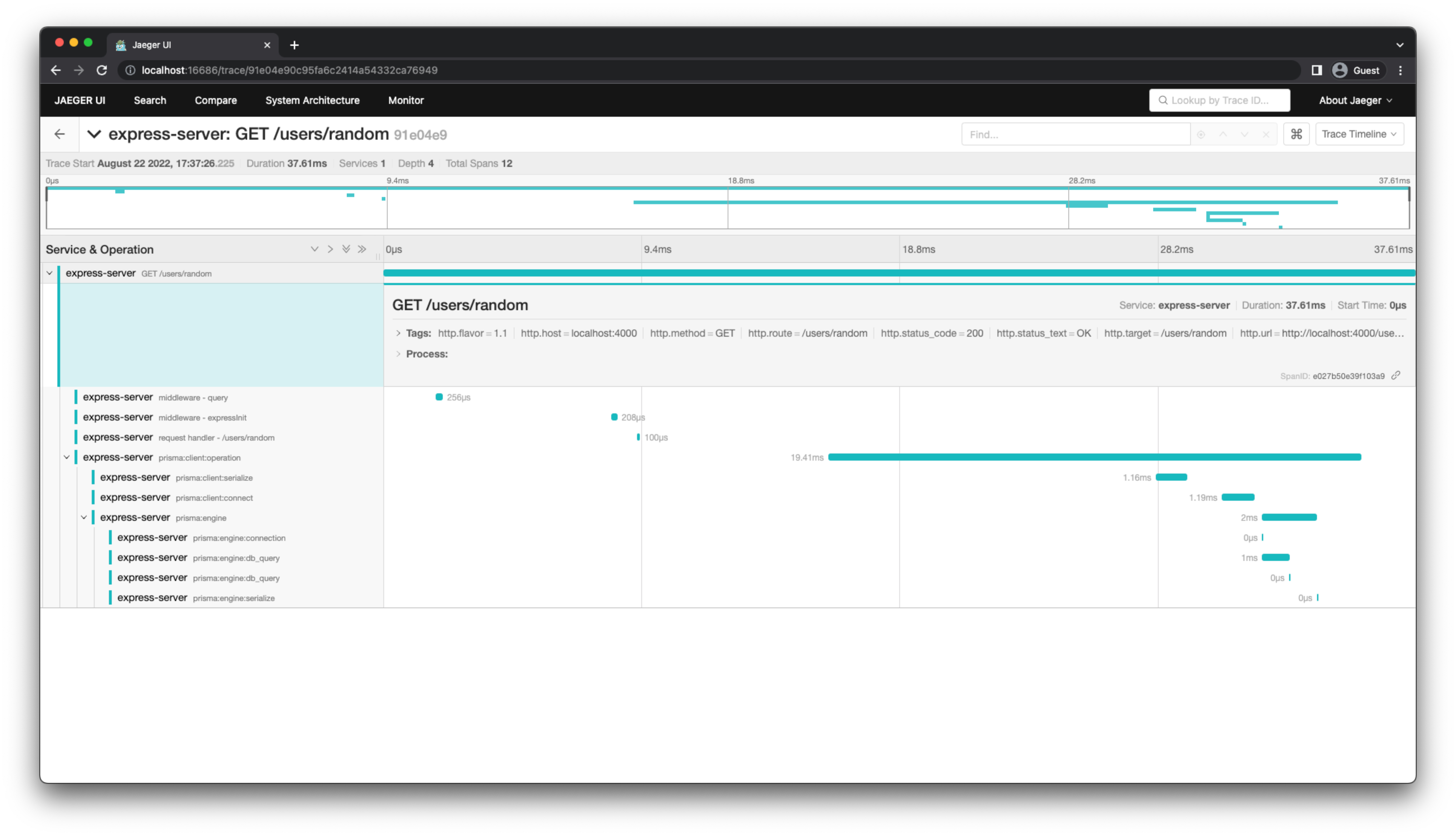 Visualization of automatic instrumentation with Express and Prisma