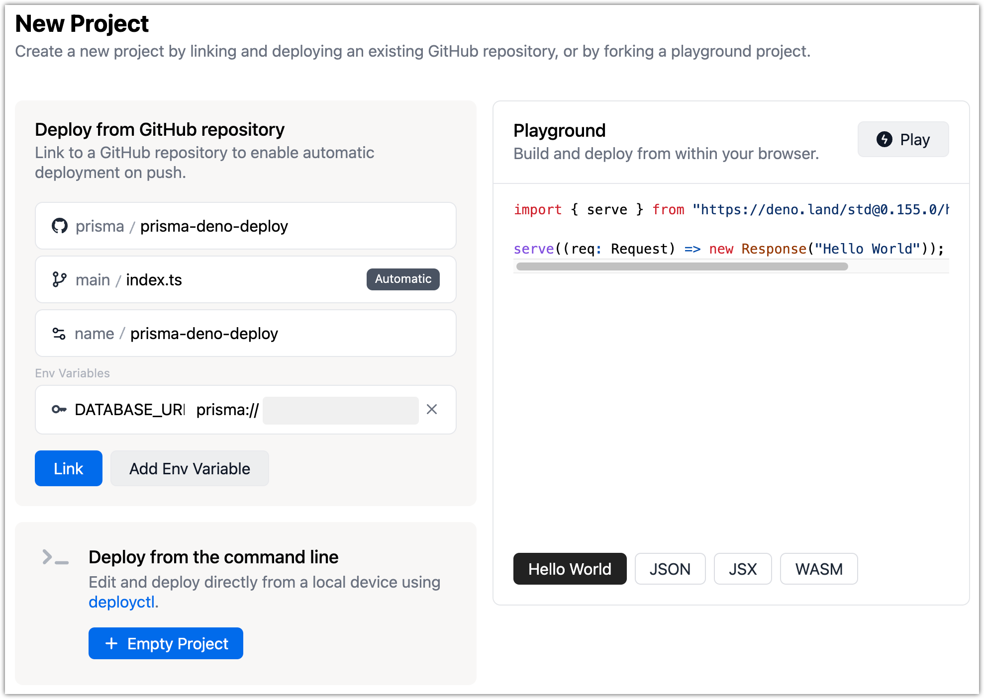 Deno Deploy - project parameters