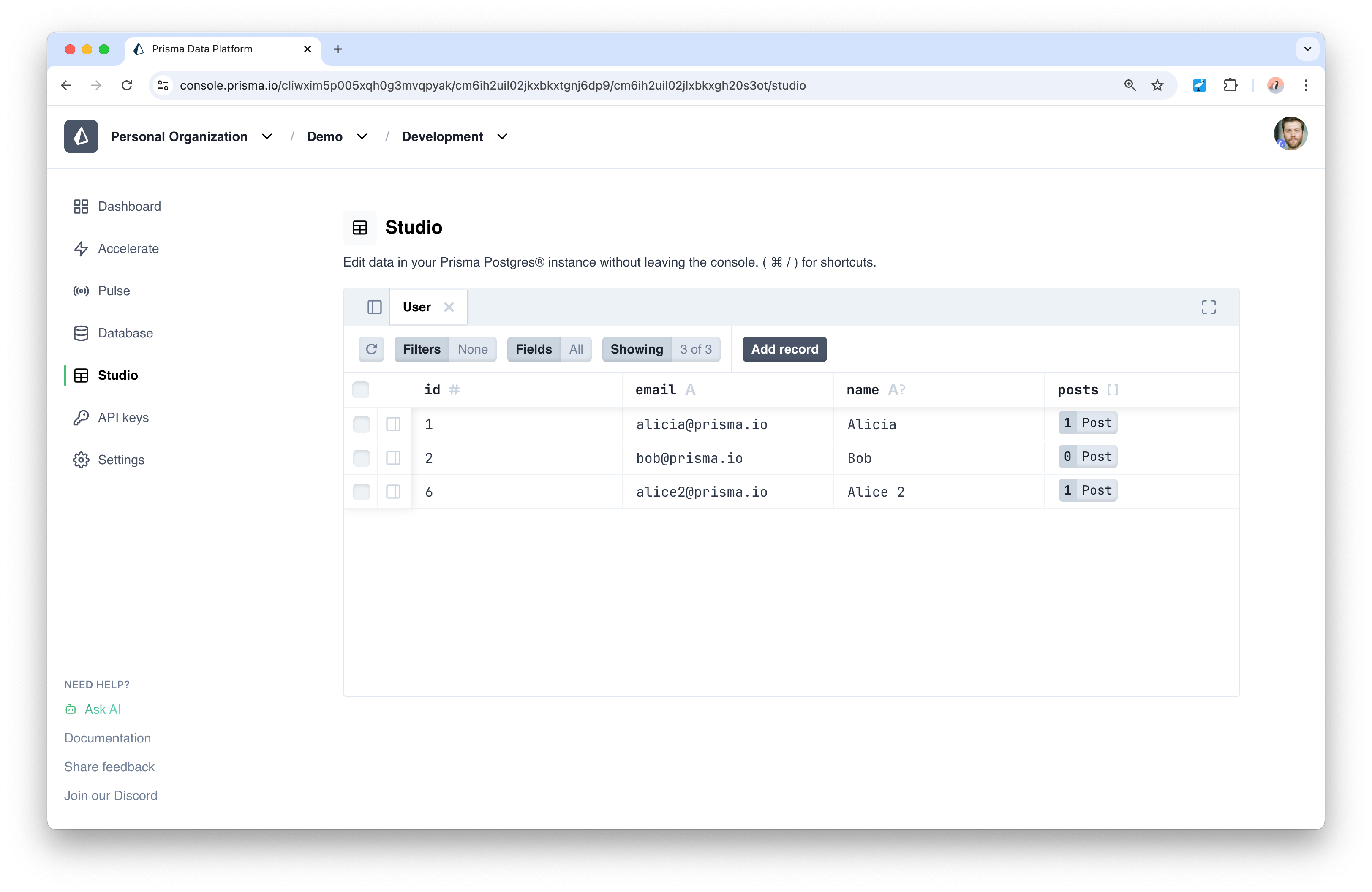 View of Prisma Studio open in the console.