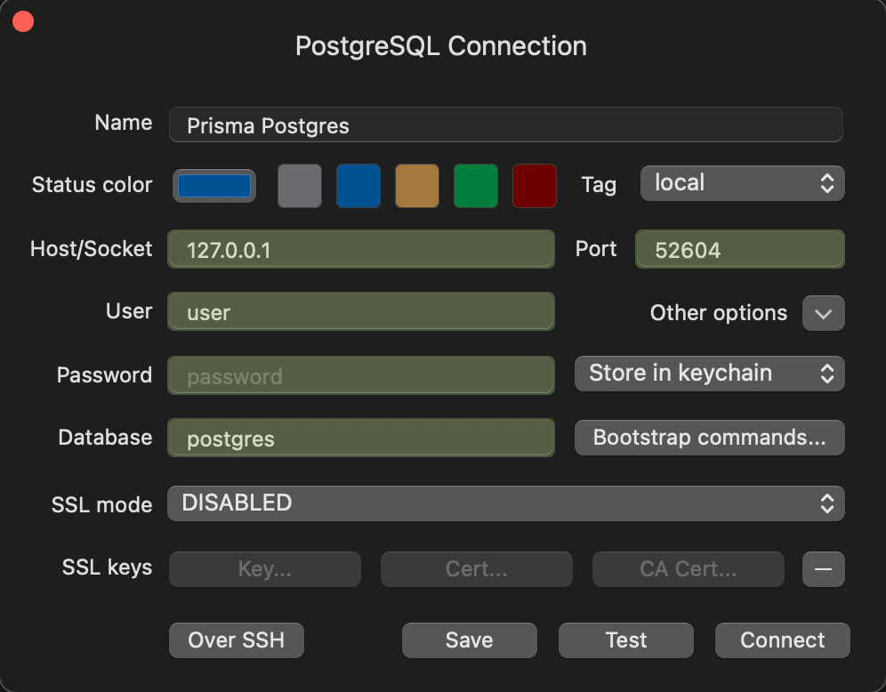 View of TablePlus connected to Prisma Postgres via tunnel